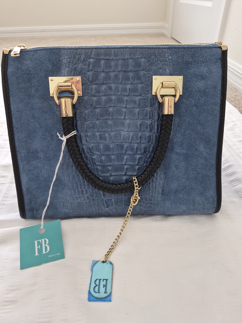 Blue Croc-Embossed Satchel with Gold Hardware